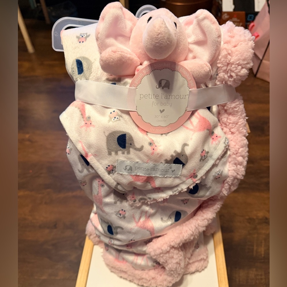 Pink Elephant Baby Blanket Set